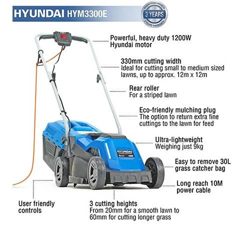 Hyundai HYM3300E Electric Rotary Rear Roller Lawnmower - Image 5
